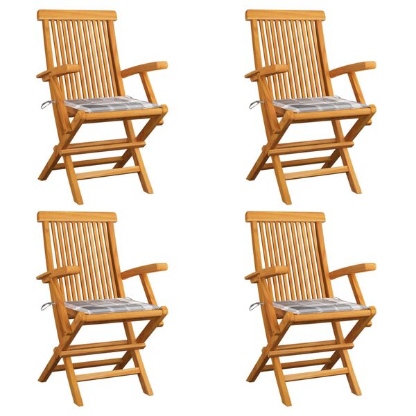 vidaXL havestole 4 stk. med gr&aring;ternede hynder massivt teaktr&aelig;