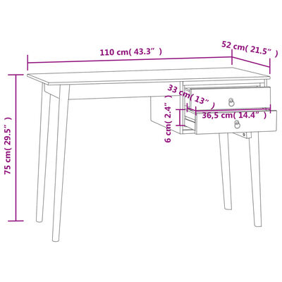 vidaXL skrivebord med 2 skuffer 110x52x75 cm massivt teaktræ