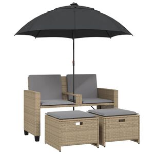 vidaXL 2-personers havesofa med parasol og skamler polyrattan beige