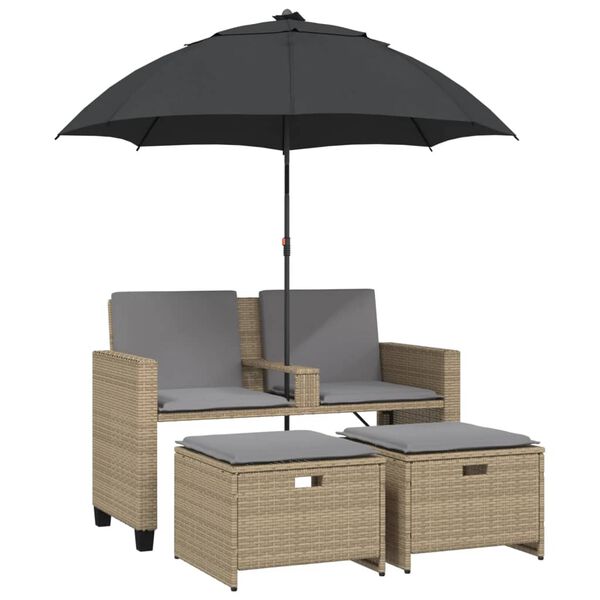 vidaXL 2-personers havesofa med parasol og skamler polyrattan beige