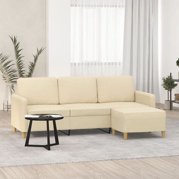 vidaXL 3-personers sofa med fodskammel 180 cm stof Cremefarvet