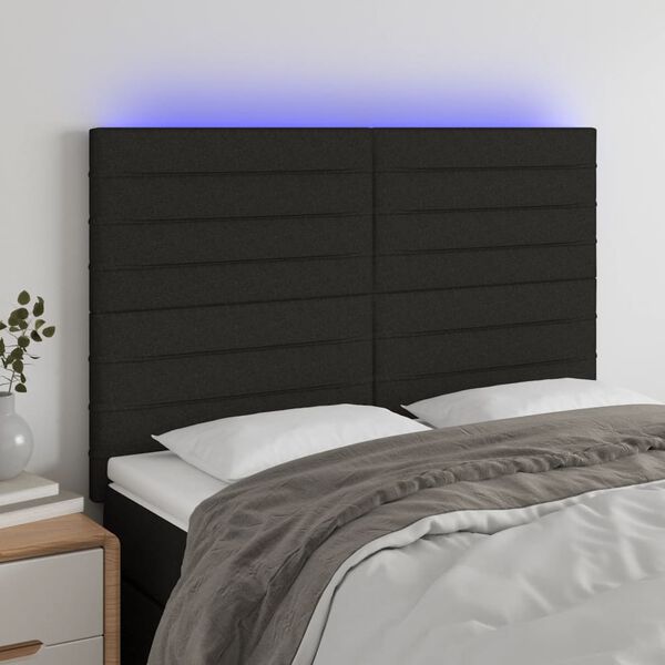vidaXL sengegavl med LED-lys 144x5x118/128 cm stof sort