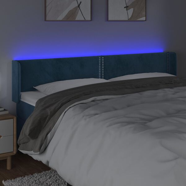 vidaXL sengegavl med LED-lys 203x16x78/88 cm fl&oslash;jl m&oslash;rkebl&aring;