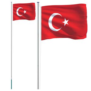 vidaXL Tyrkiet flag og flagstang 6,08 m aluminium