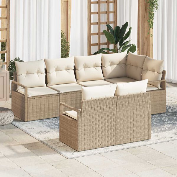 vidaXL Havesofa Sæt med pude 7 pcs Beige og hvid polyrattan