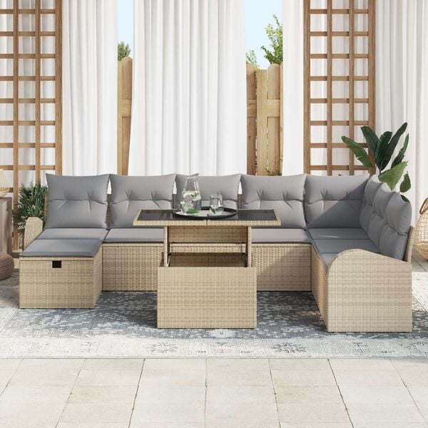 vidaXL Havesofa S&aelig;t med pude med opbevaring 9 pcs Beige Poly rattan