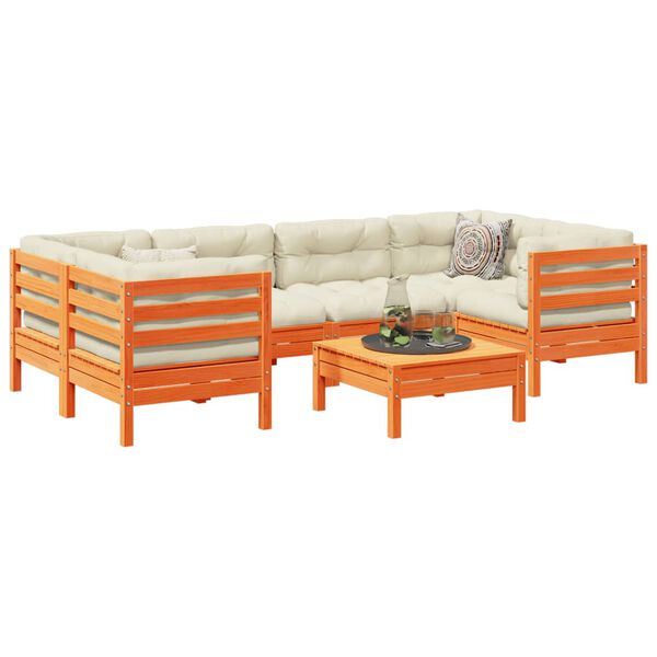 vidaXL sofas&aelig;t til haven 7 dele med hynder massivt fyr gyldenbrun