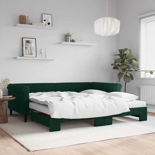 vidaXL daybed med udtræk og madras 100x200 cm velour mørkegrøn