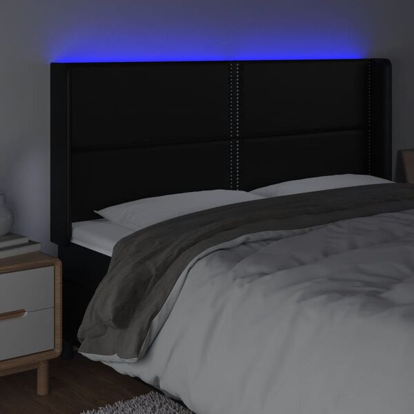 vidaXL sengegavl med LED-lys 163x16x118/128 cm kunstl&aelig;der sort