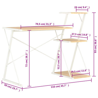 vidaXL skrivebord med hylde 116 x 50 x 93 cm hvid og eg