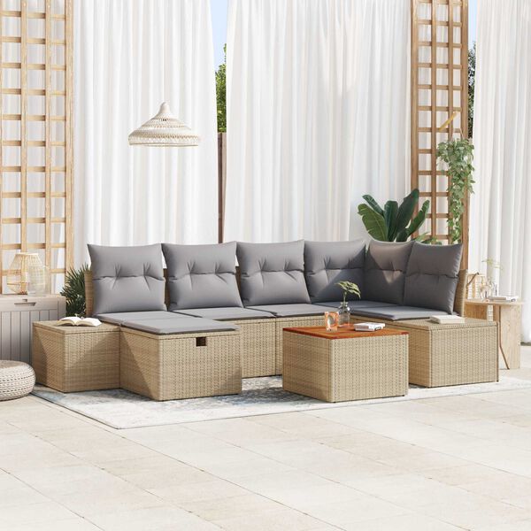 vidaXL Havesofa Sæt med pude med opbevaring 7 pcs Beige Poly rattan
