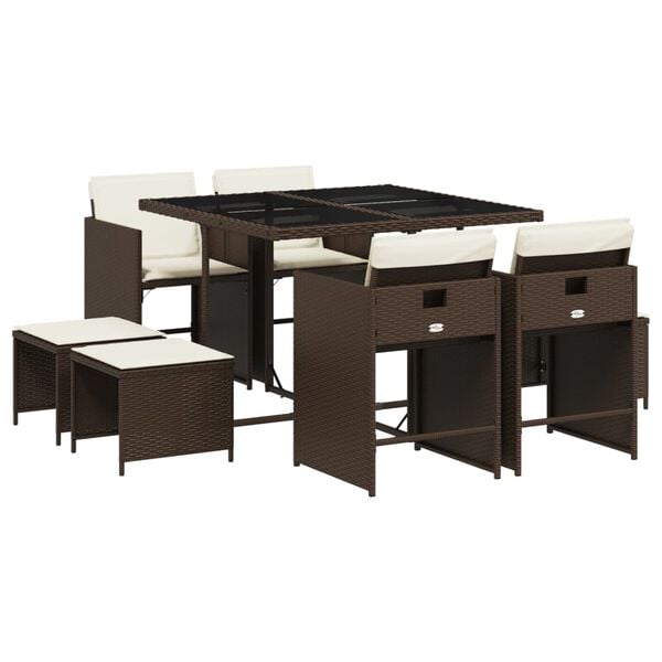 vidaXL spisebordss&aelig;t til haven 9 dele med hynder polyrattan brun