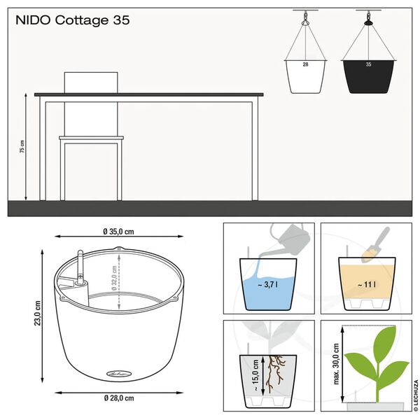 LECHUZA hængende plantekrukke NIDO Cottage 35 ALL-IN-ONE grafitsort
