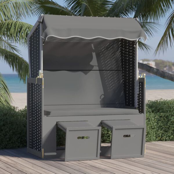 vidaXL strandkurv m. baldakin polyrattan + massivt tr&aelig; antracit + sort