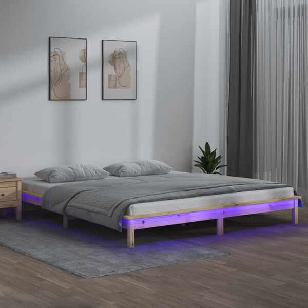 vidaXL sengeramme med LED-lys 140x190 cm massivt tr&aelig;