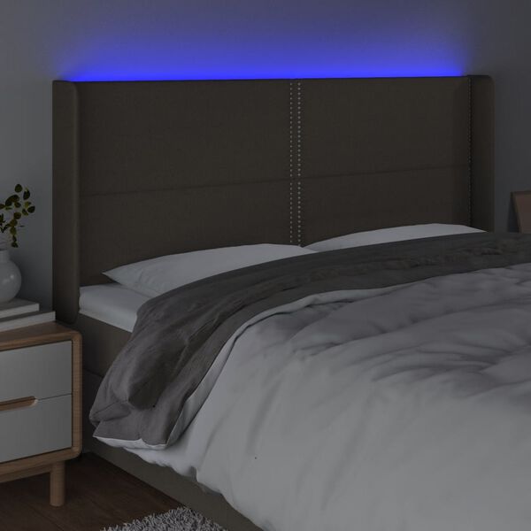 vidaXL sengegavl med LED-lys 203x16x118/128 cm stof gr&aring;brun