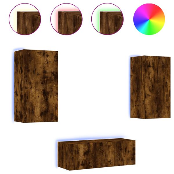 vidaXL tv-m&oslash;bel til v&aelig;g 4 dele med LED-lys konstrueret tr&aelig; r&oslash;get eg