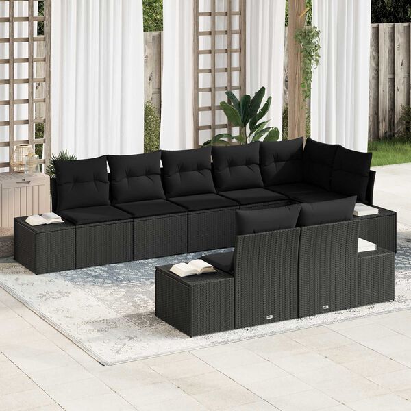 vidaXL Havesofa S&aelig;t med pude 8 pcs Sort Poly rattan