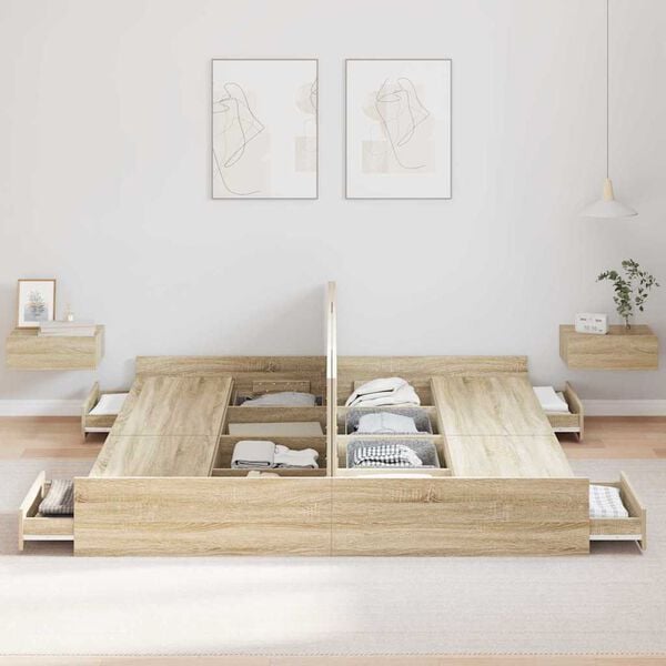 vidaXL Seng med opbevaring Sonoma eg 200 x 200 cm Konstrueret træ