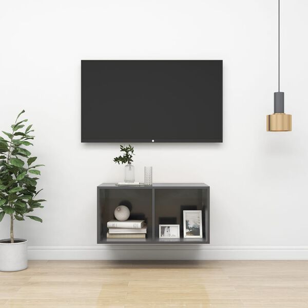 vidaXL væghængt tv-bord 37x37x72 cm konstrueret træ grå højglans