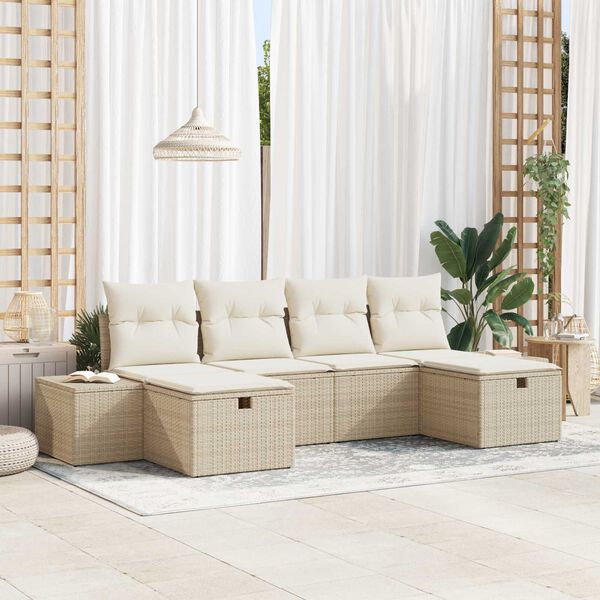 vidaXL Havesofa S&aelig;t med pude med opbevaring 6 pcs Beige polyrattan