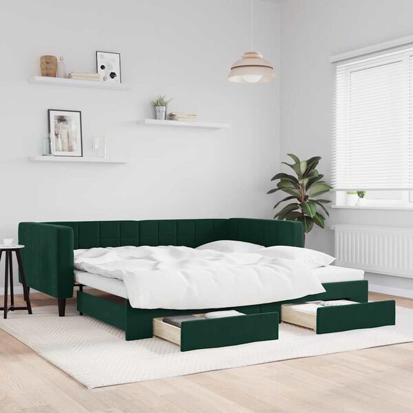 vidaXL daybed med udtr&aelig;k og skuffer 100x200 cm velour m&oslash;rkegr&oslash;n