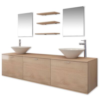 vidaXL sæt med badeværelsesmøbler m/håndvask+vandhane 10 dele beige