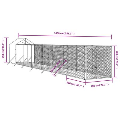 vidaXL udendørs hundegård med tag 2x14x2,5 m galvaniseret stål sølv