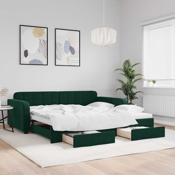 vidaXL daybed med udtr&aelig;k og skuffer 100x200 cm velour m&oslash;rkegr&oslash;n