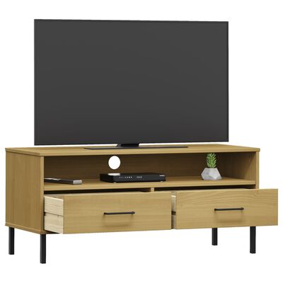 vidaXL tv-bord med metalben OSLO massivt fyrretræ brun
