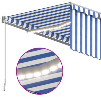 vidaXL markise m. gardin + LED 3x2,5 m manuel betjening blå og hvid