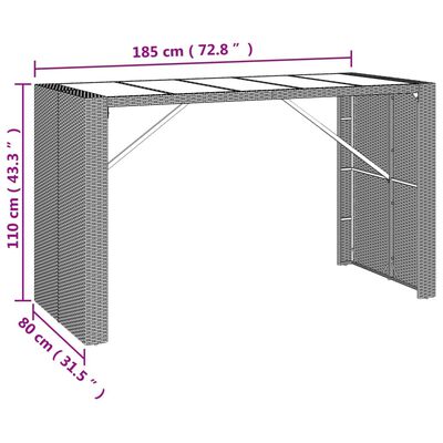 vidaXL barbord med glasplade 185x80x110 cm polyrattan grå