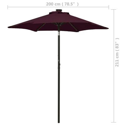 vidaXL parasol med LED-lys 200x211 cm aluminium bordeauxrød