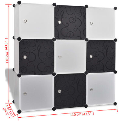 Sort/hvid kubeorganiser med 9 rum, 110x37x110 cm