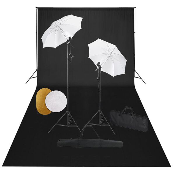 vidaXL fotostudieudstyr med lamper, paraplyer, baggrund og reflektor