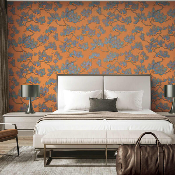 DUTCH WALLCOVERINGS tapet Pine Tree blå og orange