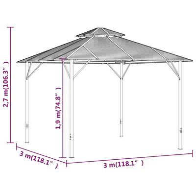 vidaXL pavillon med sidevægge og dobbelttag 3x3 m antracitgrå