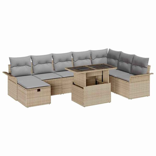 vidaXL Havesofa S&aelig;t med pude med opbevaring 9 pcs Beige Poly rattan