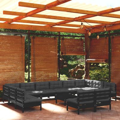 vidaXL loungesæt til haven 13 dele med hynder massivt fyrretræ sort