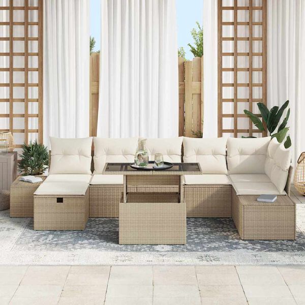 vidaXL Havesofa S&aelig;t med pude med opbevaring 8 pcs Beige Poly rattan