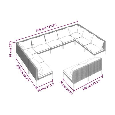 vidaXL loungesæt til haven 11 dele med hynder polyrattan mørkegrå