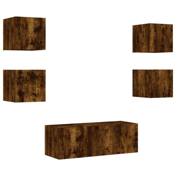 vidaXL tv-m&oslash;bel til v&aelig;g 6 dele med LED-lys konstrueret tr&aelig; r&oslash;get eg