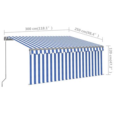 vidaXL markise m. gardin + LED 3x2,5 m manuel betjening blå og hvid