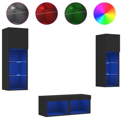 vidaXL tv-møbel til væg med LED-lys 4 dele sort