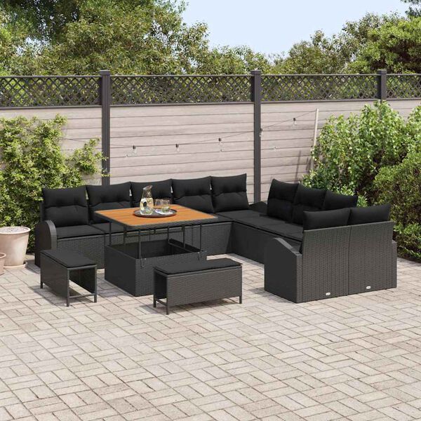 vidaXL Havesofa Sæt med pude 13 pcs Sort Poly rattan