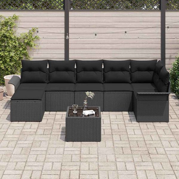 vidaXL Havesofa S&aelig;t med pude 8 pcs Sort polyrattan