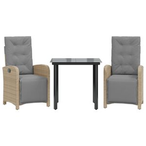 vidaXL bistros&aelig;t til haven 3 dele med hynder polyrattan beige