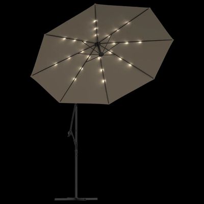 vidaXL hængeparasol med LED-lys og stålstang 300 cm gråbrun