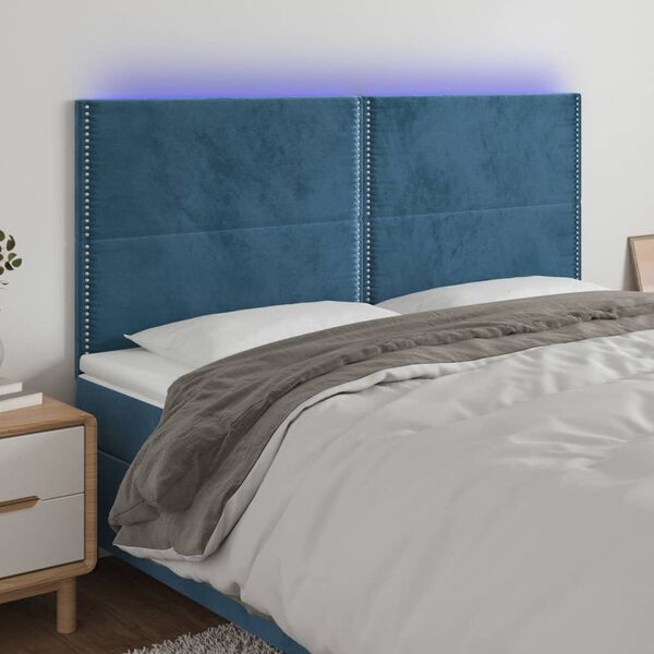 vidaXL sengegavl med LED-lys 180x5x118/128 cm fl&oslash;jl m&oslash;rkebl&aring;