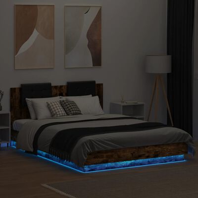vidaXL sengeramme med sengegavl og LED-lys 150x200 cm røget egetræ